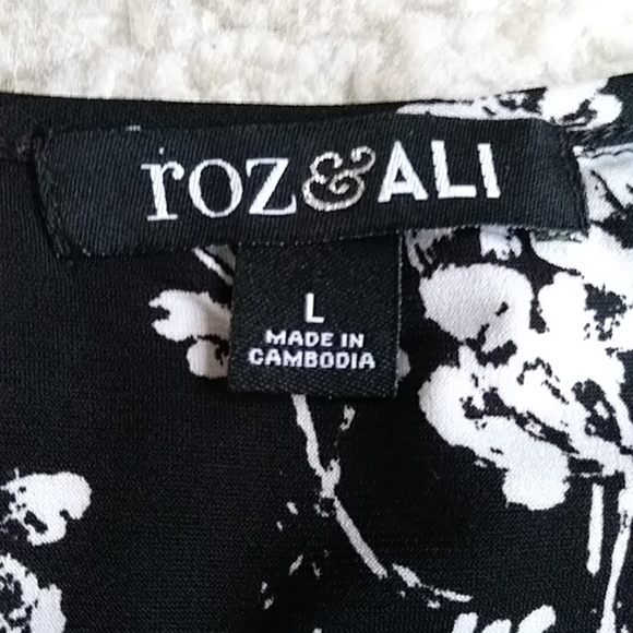Roz & Ali Floral High Low Tunic Top L Black White - Picture 2 of 16